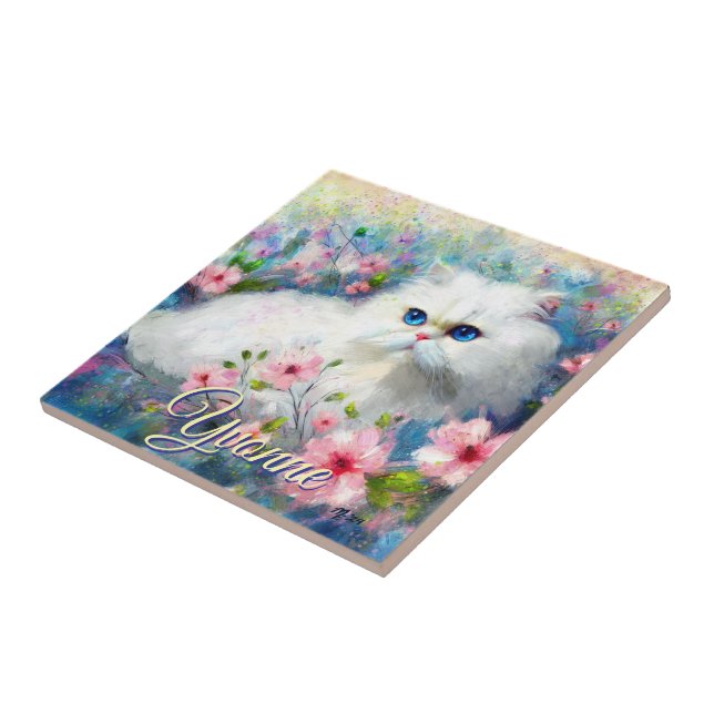 Persian Cat Blue Eyes in Pink Flowers Personalized (Lateral)