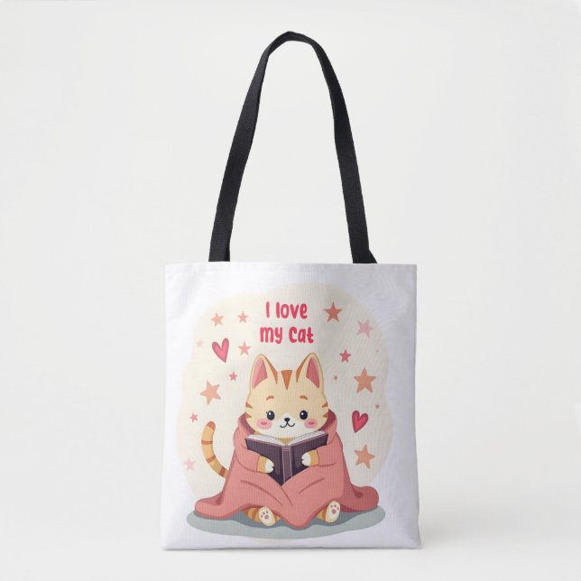 Persian Cat reading book tote bag, stylish handy b (Frente)