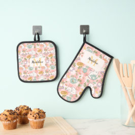 Personal Tea Monogram Oven Pink Gingham Pastel Cat