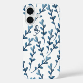 Personalised Initial Blue Leaf Watercolor Pattern
