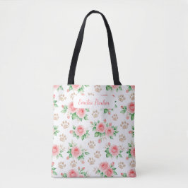 Personalizable Watercolor Rose and Paw Print Tote 