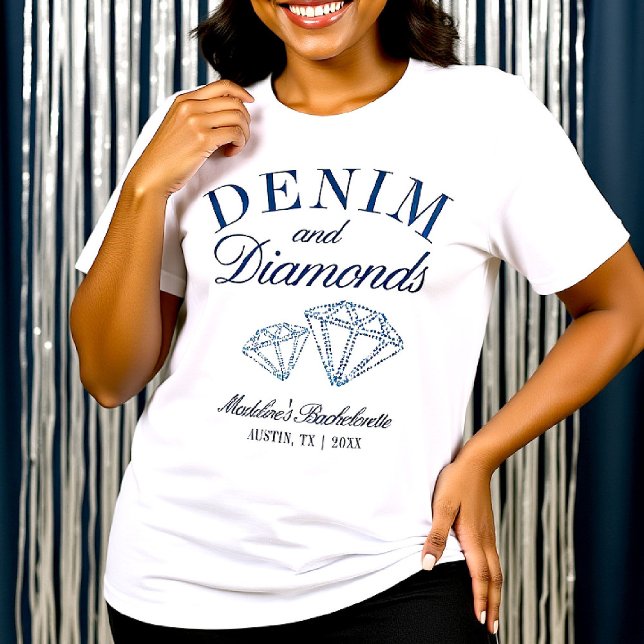 Personalização da Tripulação de Festa de solteira  (denim diamonds bachelorette shirt navy blue white matching bride crew cowgirl girls trip)