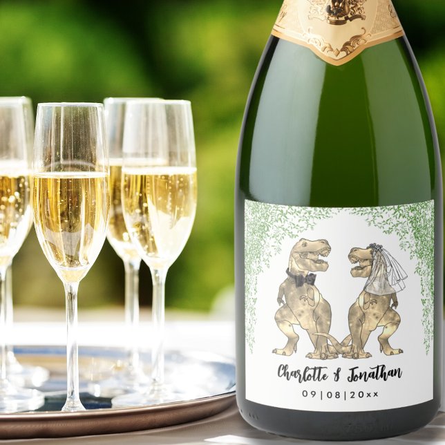 Personalização de Folhagem de Casamento de Tema do (T-Rex Bride and Groom Dinosaur Wedding Custom sparkling wine labels)