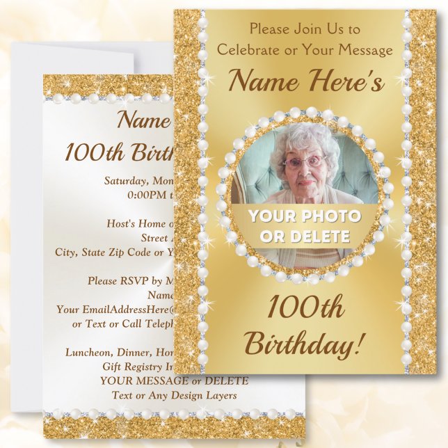 Personalizado, 100º Convites de festas de aniversá (Personalized and Photo, 100th birthday party invitations. 100th birthday ideas for female. Woman.)