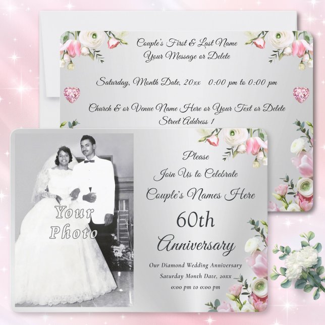 Personalizado, 60º Convites de festas de aniversár (Photo, 60th anniversary invitations online. Personalized, Diamond anniversary invitations. Silver.)