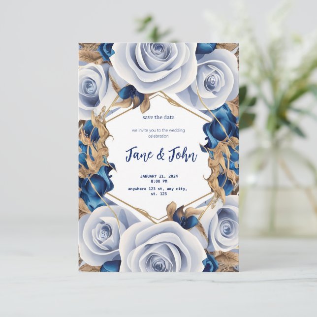[Personalizado] Convite para Casamento Azul Elegan (Em pé/Frente)