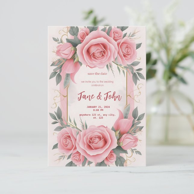 [Personalizado] Convite para Casamento Rosa Elegan (Em pé/Frente)