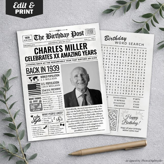 Personalizado de volta em cartão de aniversário de (Custom Back in 1939 Newspaper Birthday Card, Trend Holiday Card)