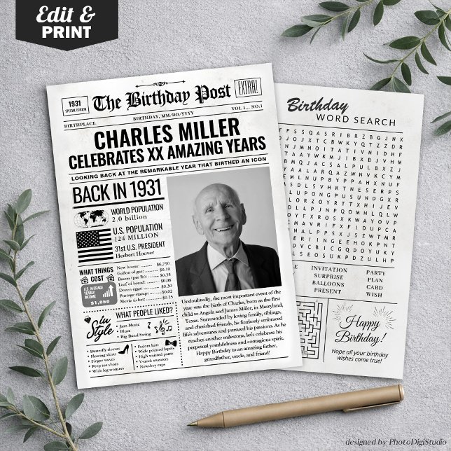Personalizado de volta em cartão de aniversário de (Custom Back in 1931 Newspaper Birthday Card, Trend Holiday Card)