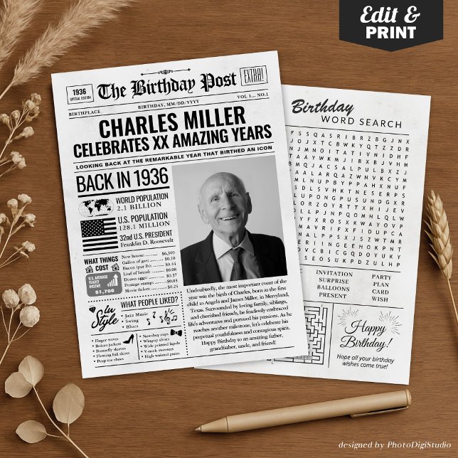 Personalizado de volta em cartão de aniversário de (Custom Back in 1936 Newspaper Birthday Card, Trend Holiday Card)