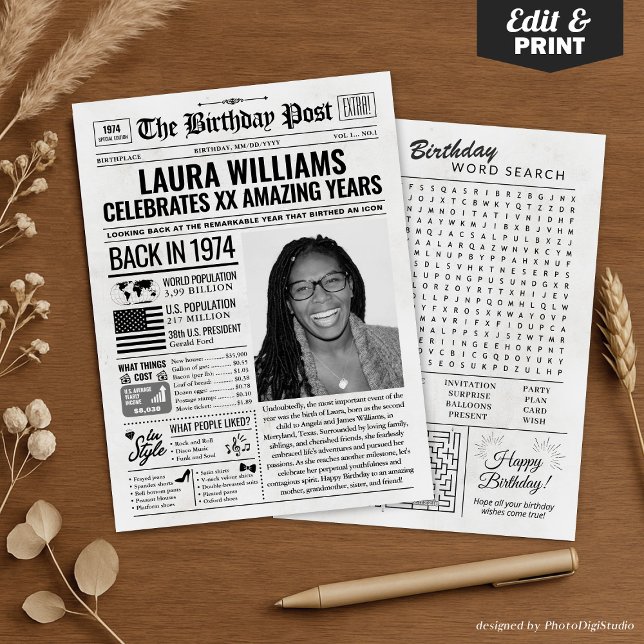 Personalizado de volta em cartão de aniversário de (Custom Back in 1974 Newspaper Birthday Card, Trend Holiday Card)