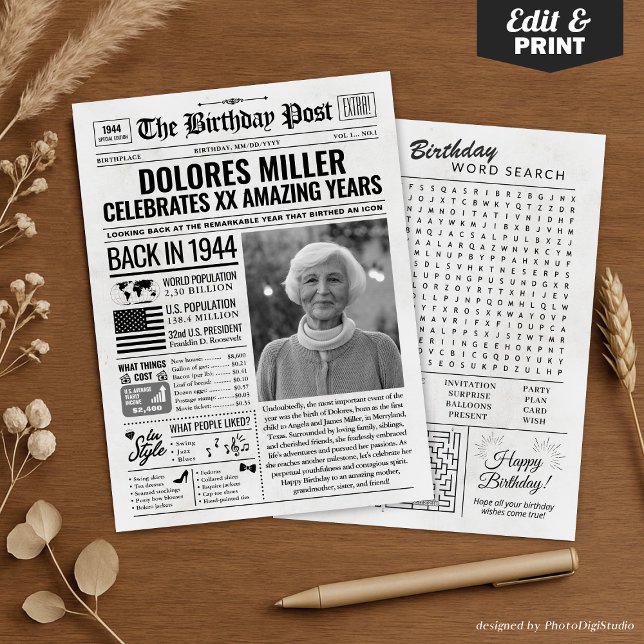 Personalizado de volta em cartão de aniversário de (Custom Back in 1944 Newspaper Birthday Card, Trend Holiday Card)