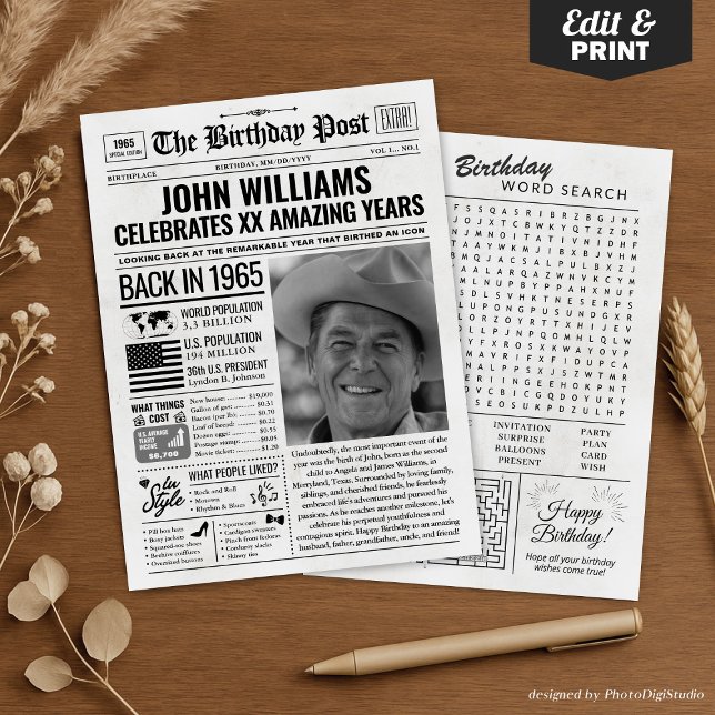 Personalizado de volta em cartão de aniversário de (Custom Back in 1965 Newspaper Birthday Card, Trend Holiday Card)