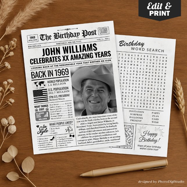 Personalizado de volta em cartão de aniversário de (Custom Back in 1969 Newspaper Birthday Card, Trend Holiday Card)