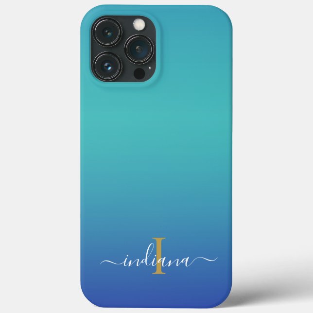 Personalizado Ombre Monograma Azul Turquesa Script (Verso)