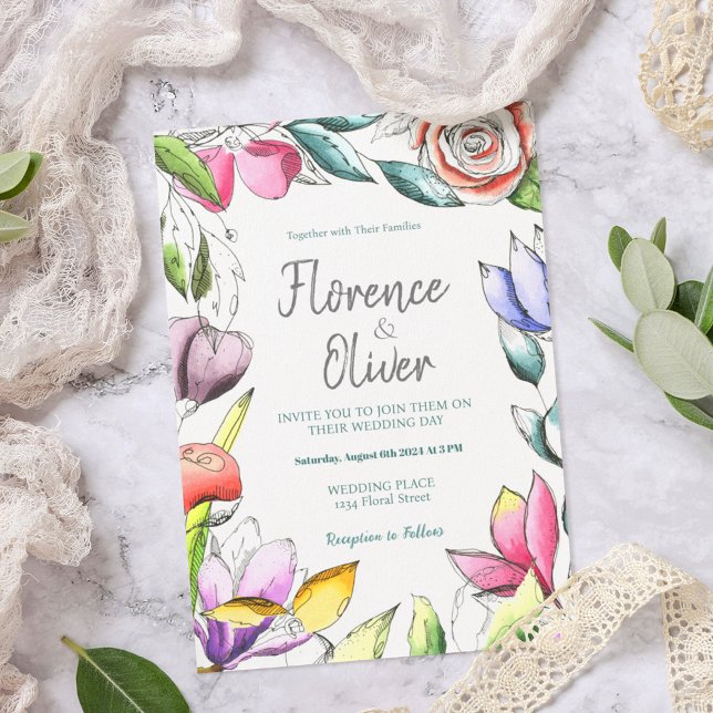 Personalizar Convite de Casamento Floral Descrito (Criador carregado)