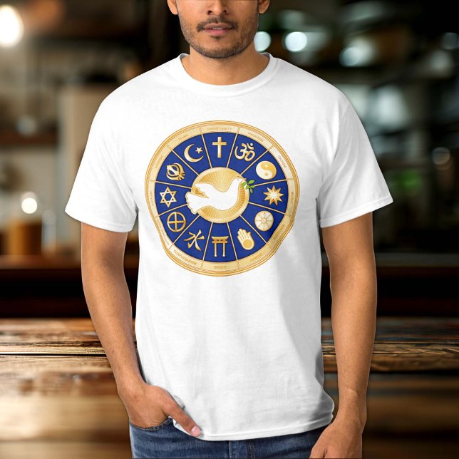 Personalize Sua Camiseta Pomba da Paz (Dove of Peace T Shirt.
Customize the text. Gold icons of world faiths surround the Dove of Peace. )