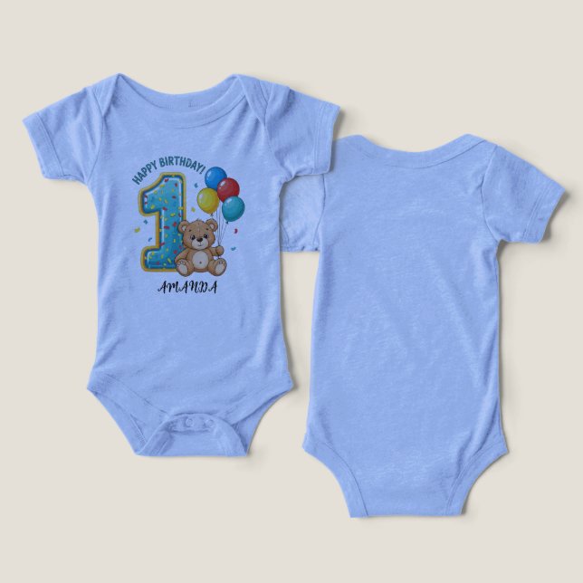 Personalized 1st Birthday Bear Bodysuit (Design Frente e Verso)