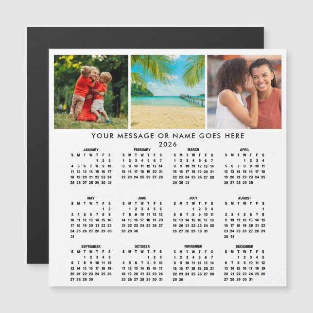 Personalized 2026 Calendar 3 Photo Collage Magnet (Frente/Verso)