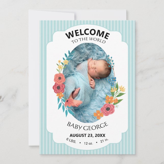 personalized baby blue floral Birth announcements (Frente)
