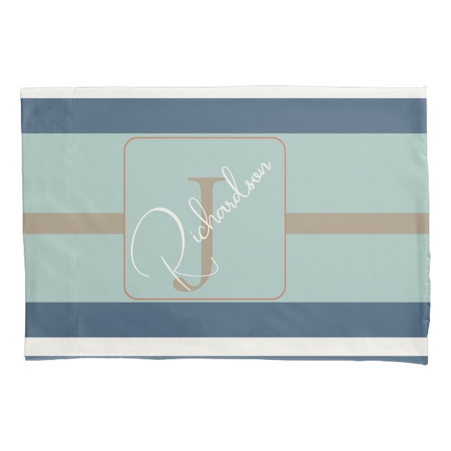 Personalized Blue Mint Tan Stripe Monogram Coastal (Frente)