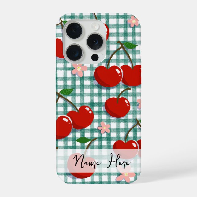 Personalized Cherry on Green Gingham Phone Case –  (Verso)