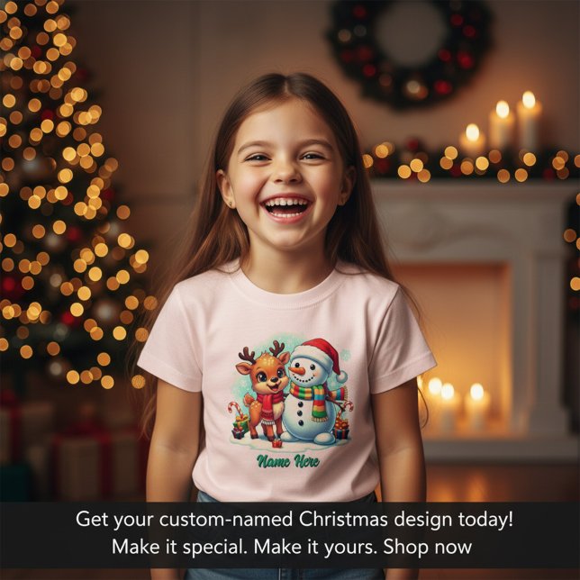 Personalized Christmas  (Cute Reindeer and Snowman Kids T-Shirt | Personalized Christmas Tee)