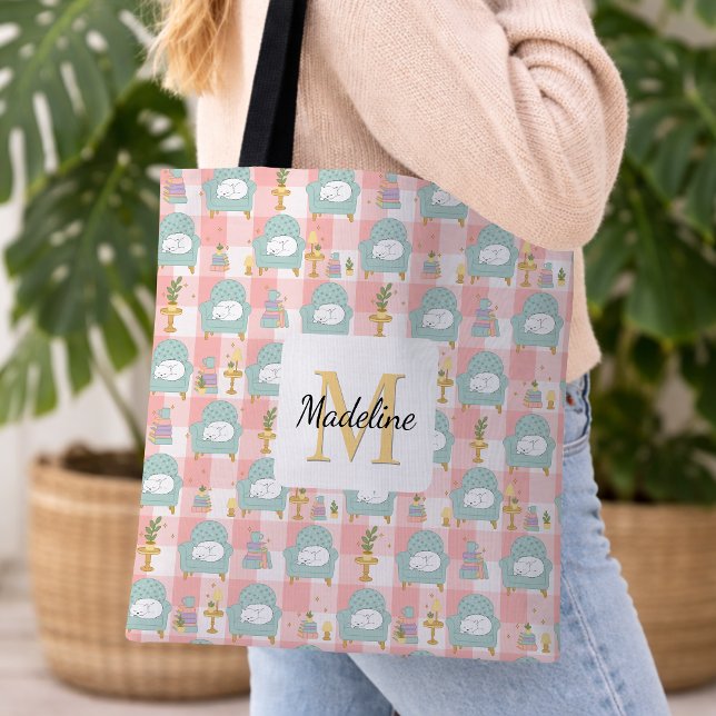 Personalized Cozy Cat & Book Tote Bag Girly Pink (Criador carregado)