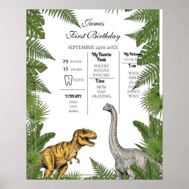 Personalized Dino 1st Birthday Milestone Poster (Frente)