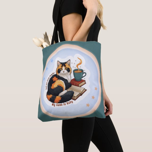 Personalized Magical Teal Calico Cat Bookworm Tote (Close Up)