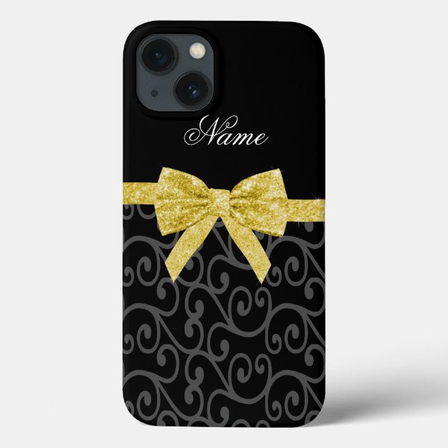 Personalized name black swirls gold glitter bow (Verso)