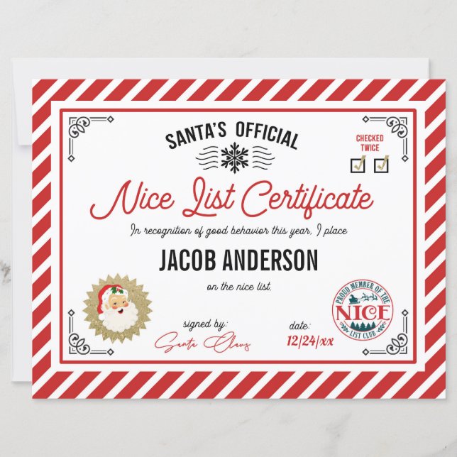 Personalized Official Santa Nice List Certificate (Frente)