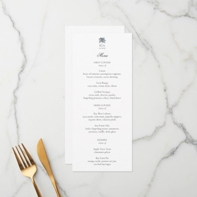 Personalized Palm Tree Beach Elegant Wedding Menu (Frente/Verso In Situ)