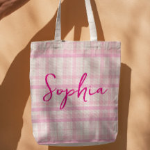 Personalized Pink Plaid Name Tote Bag