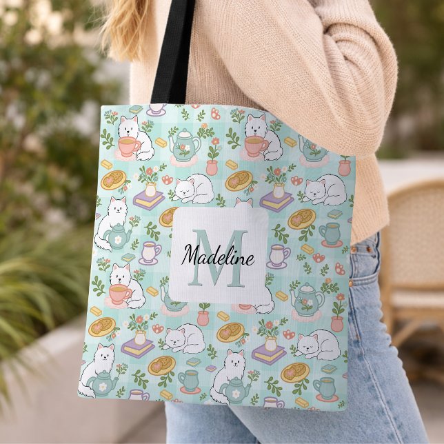 Personalized Tea Bookish Cats Tote Bag Mint Green (Criador carregado)