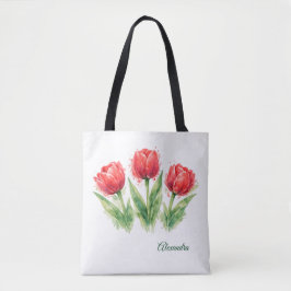Personalized Watercolor Red Tulips Tote Bag