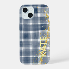 PERSONLIZED Blue Plaid Gold Aesthetic iPhone Case