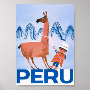 Peru e Llama - Poster Viagens vintage