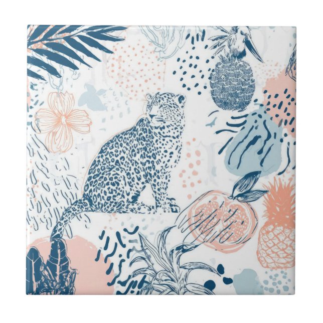 Pêssego Azul Leopardo Tropical Abstrato (Frente)