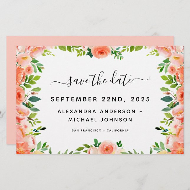 Pêssego Coral de Orçamento Salvar o Convite de Dat (Frente/Verso)