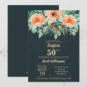 Pêssego de Aquarela Floral no Teal Birthday Invit
