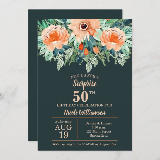 Pêssego de Aquarela Floral no Teal Birthday Invite (Frente/Verso)