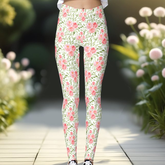 Pêssego de Peonia Floral de Aquarela Leggings (Watercolor Peony Floral Pattern Peach Leggings)