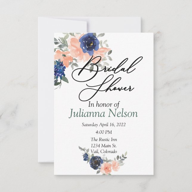 Pêssego e aquarela azul convite floral (Frente)