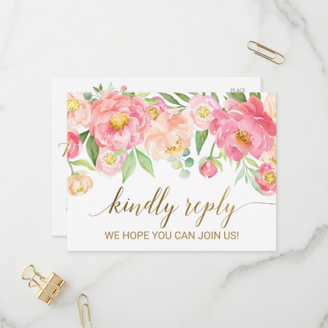 Pêssego e Pink Peony Flowers Menu Choice RSVP (Frente/Verso In Situ)