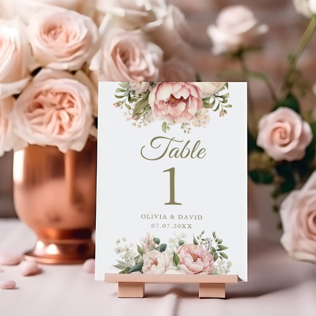 Pêssego pálido e Número de Tabela de Casamento Ros (Pale Peach and Blush Pink Wedding Table Number on blush and copper wedding table.)