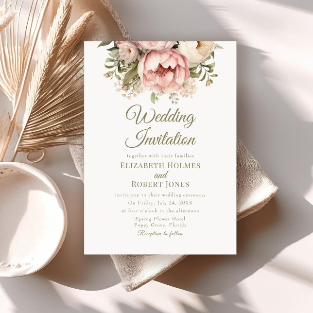 Pêssego Suave e Convite Floral para Casamento de B (Soft Peach and Blush Floral Wedding Invitation on a neutral boho wedding table.)