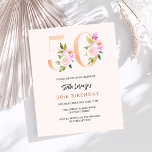 Pessegueiro cor-de-rosa, floral, 50.º aniversário,<br><div class="desc">Um convite moderno, na moda e glamouroso para a 50ª festa de aniversário. Um fundo cor de pêssego. Decorado com números de foral em ouro falso e rosa. O nome é escrito com um moderno estilo escrito à mão. Personalize e adicione os detalhes da sua festa. 1 folha = 1...</div>