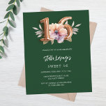 Pessegueiro de ouro verde esmeraldo orçamento flor<br><div class="desc">Um convite moderno, na moda e glamouroso para um doce 16. Fundo verde esmeralda, decorado com cor rosa, pêssego e flor púrpura de cor d'água. O nome é escrito com um moderno e escuro, rosa dourado, escrito com letra de estilo manuscrito. Personalize e adicione os detalhes da sua festa. O...</div>