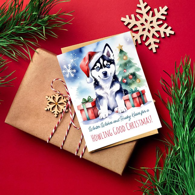 pessoas de cães Cartões de natal de rouco (Siberian husky puppy Christmas greeting postcards watercolor cute husky puppy in Santa hat gift box )